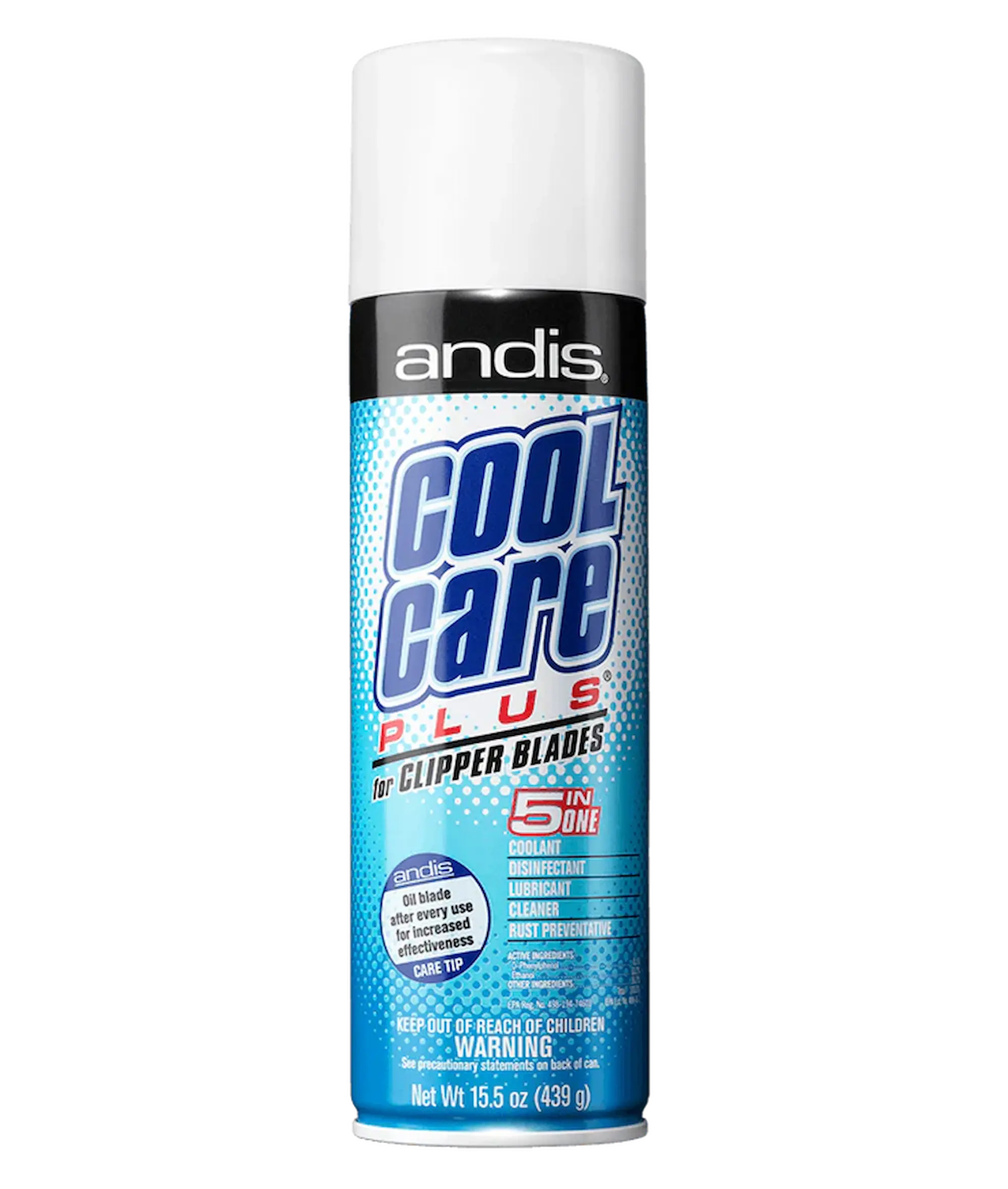 Une canette aérosol de nettoyant Andis Cool Care Plus 5-en-1 pour lames de tondeuse.
