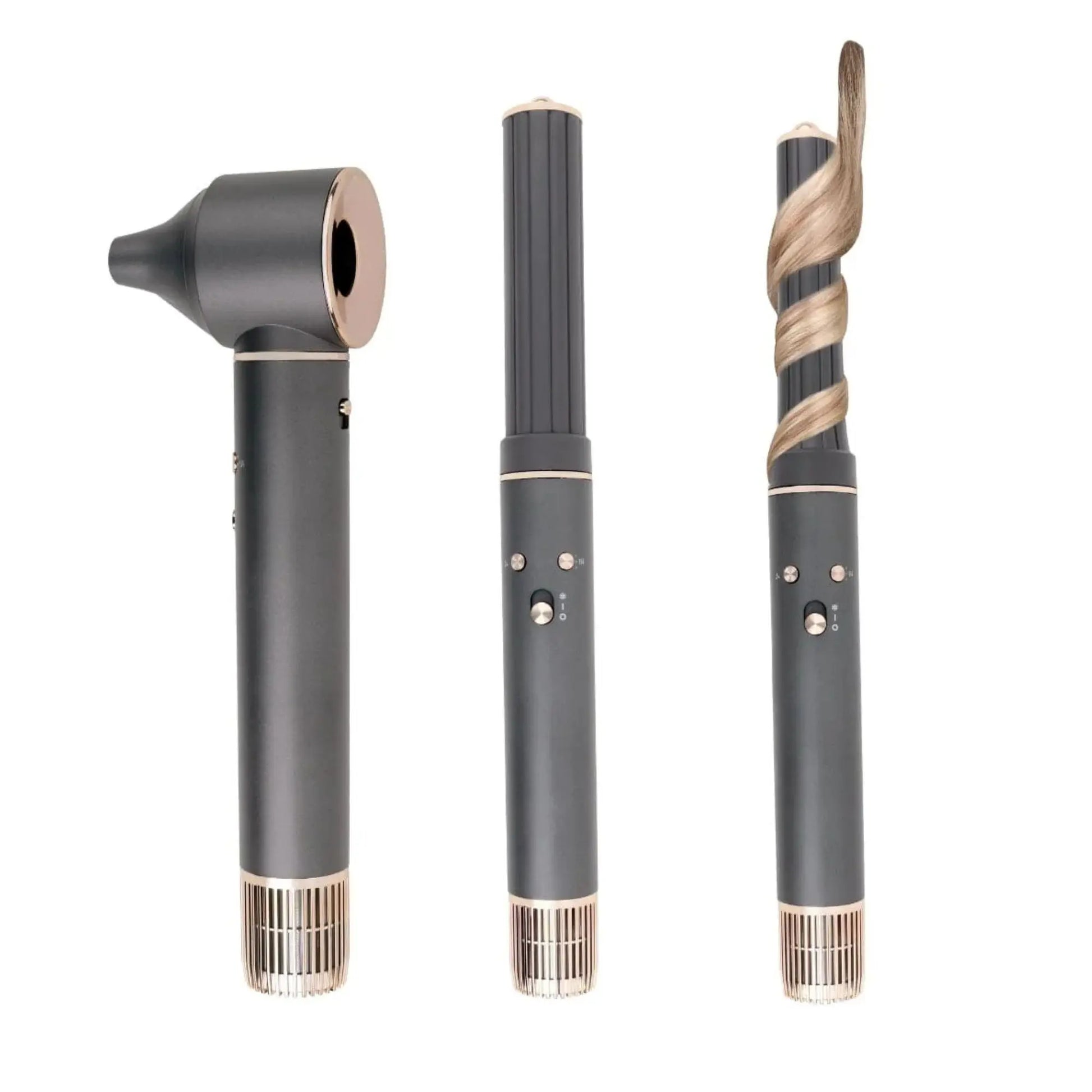 Appareil multicoiffant Aria Airstyler avec ses embouts interchangeables de lissage et de volume, présenté dans un design professionnel et ergonomique.