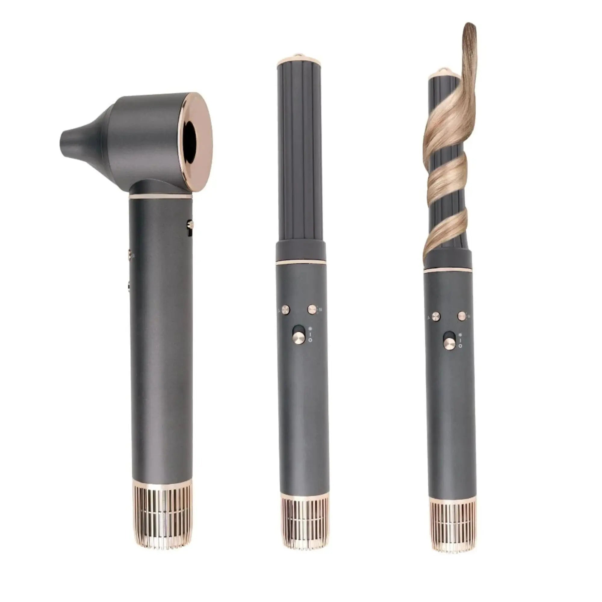 Appareil multicoiffant Aria Airstyler avec ses embouts interchangeables de lissage et de volume, présenté dans un design professionnel et ergonomique.