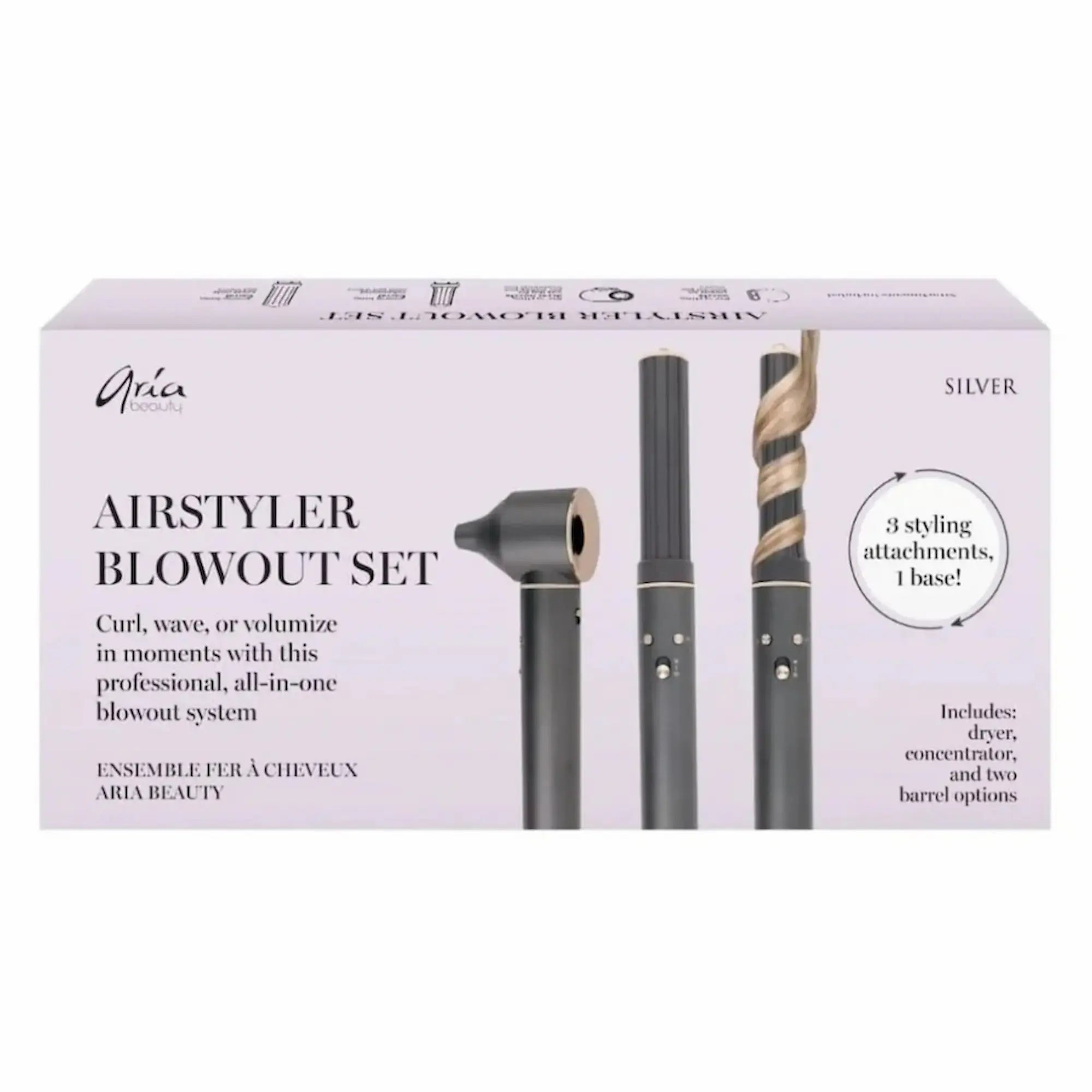 Appareil multicoiffant Aria Airstyler avec ses embouts interchangeables de lissage et de volume, présenté dans un design professionnel et ergonomique.