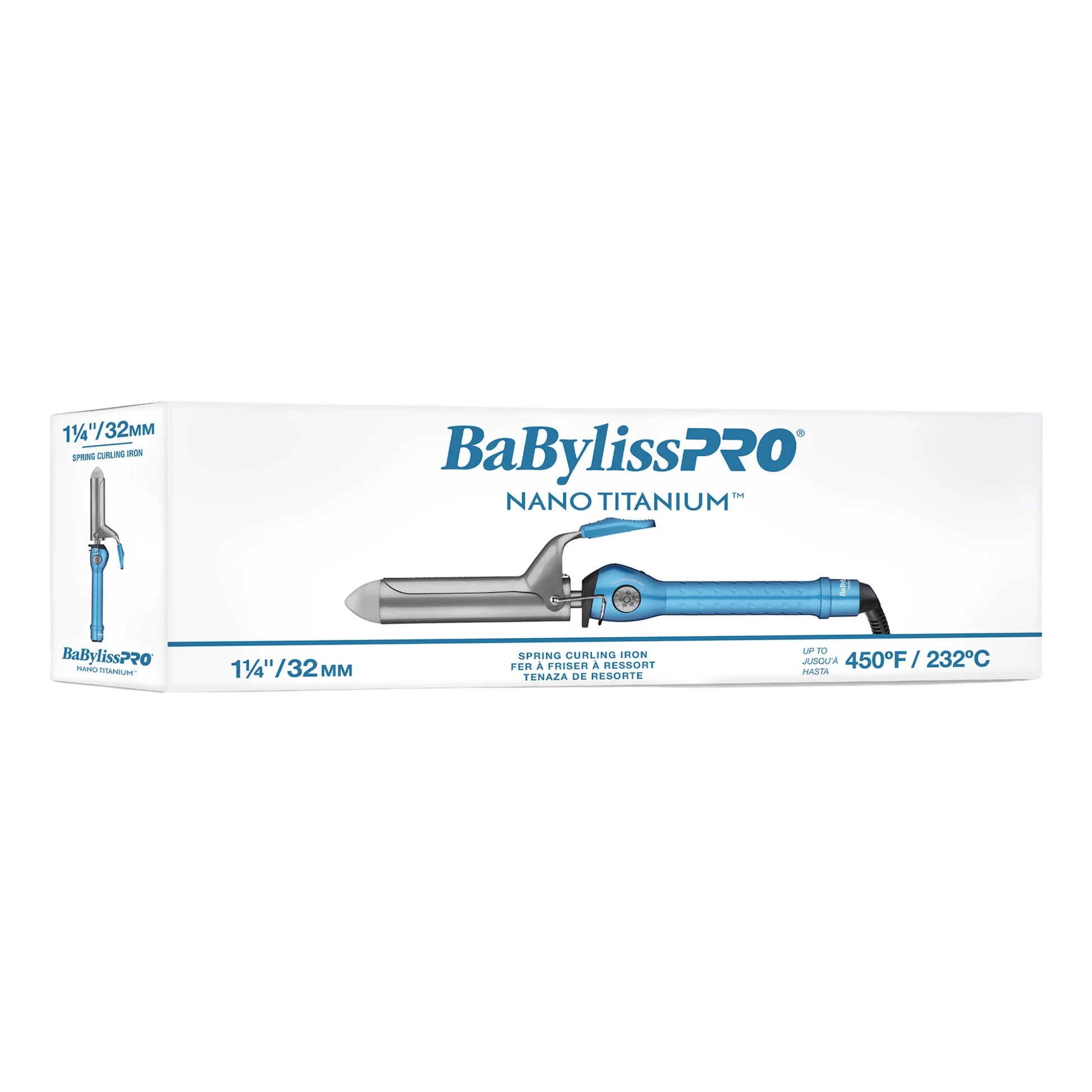 Boîte du fer à friser à ressort BaBylissPRO Nano Titanium bleu de 1 1/2pouce  atteignant une température de 450°F (221°C).