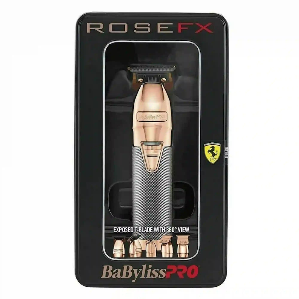 Tondeuse de finition professionnelle BaBylissPRO RoseFX métallique rose doré avec lame en T apparente et moteur haute performance sur fond blanc.