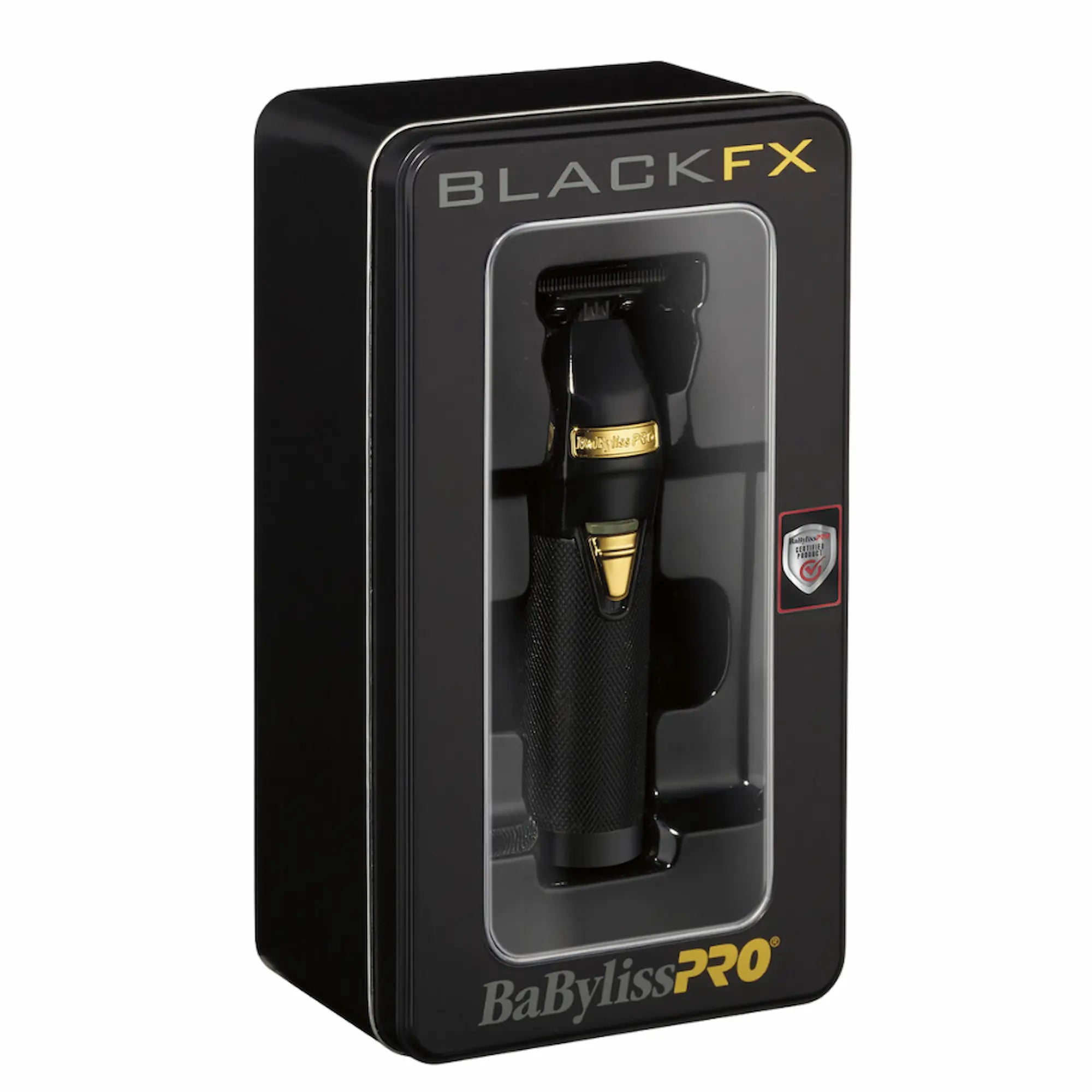 Tondeuse de finition professionnelle BaBylissPRO BlackFX Skeleton noire et dorée présentée dans son boîtier de collection noir avec fenêtre transparente.
