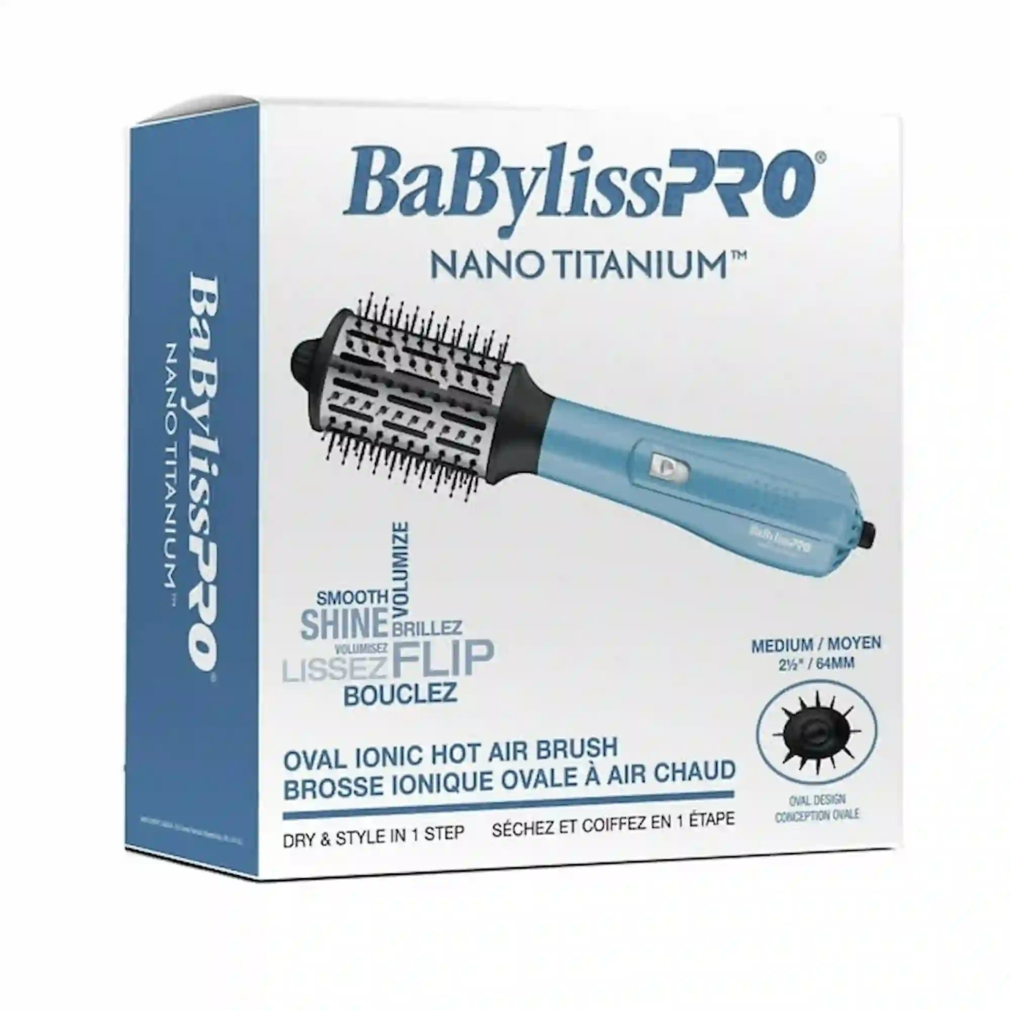 BaBylissPRO Brosse à air chaud ionique ovale Nano Titanium,taille moyenne (2 1/2 po / 64 mm), dans sa boîte bleue et blanche, mettant en avant les fonctions sécher, coiffer, lisser, faire briller et volumiser.