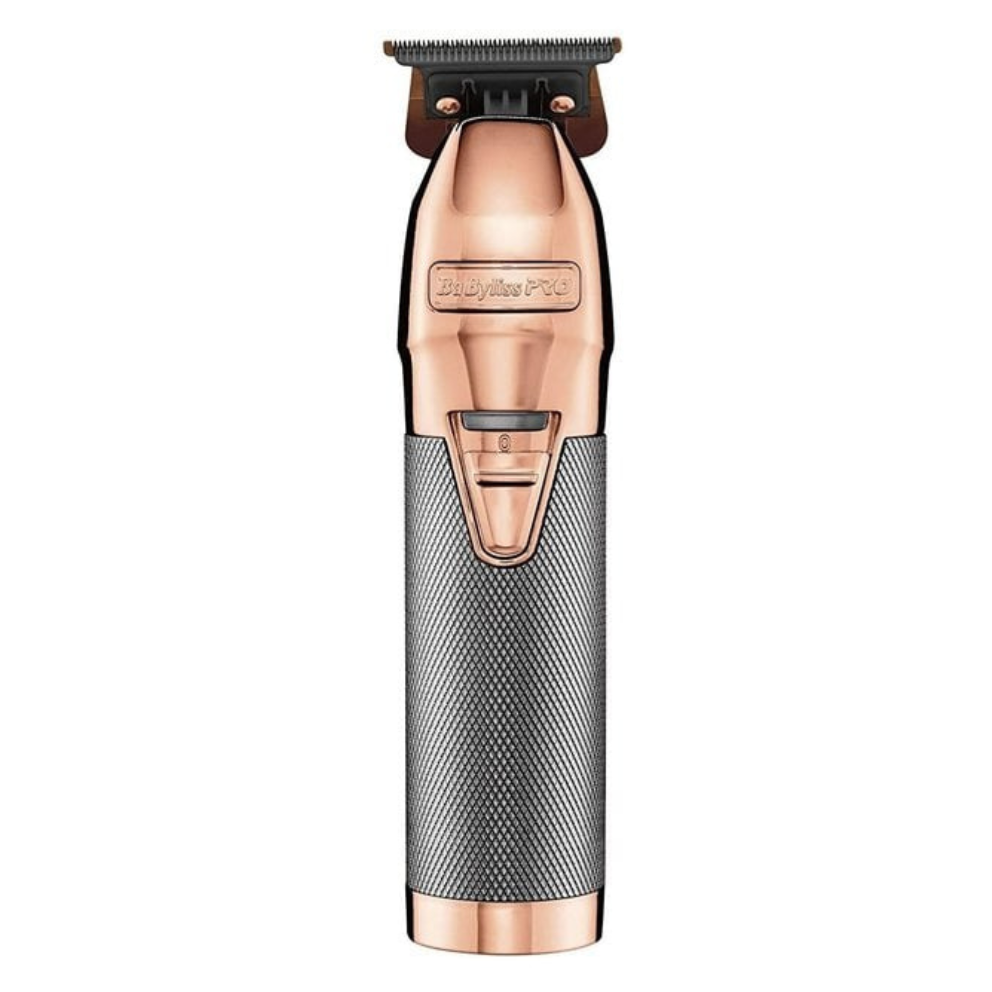 Tondeuse de finition professionnelle BaBylissPRO RoseFX métallique rose doré avec lame en T apparente et moteur haute performance sur fond blanc.