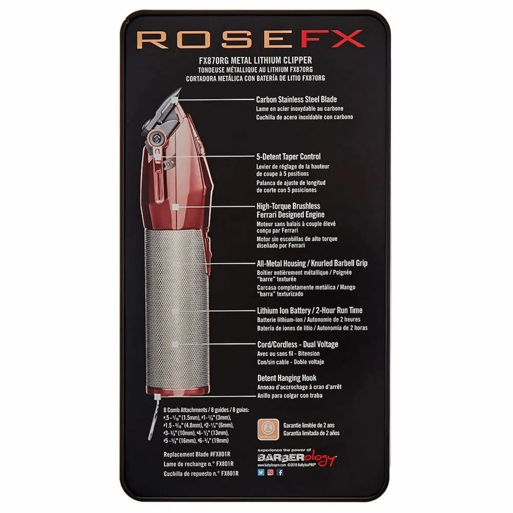 Tondeuse de coupe professionnelle BaBylissPRO ROSEFX avec moteur Ferrari, boîtier métallique rose doré et argenté dans sa boîte de présentation luxueuse.