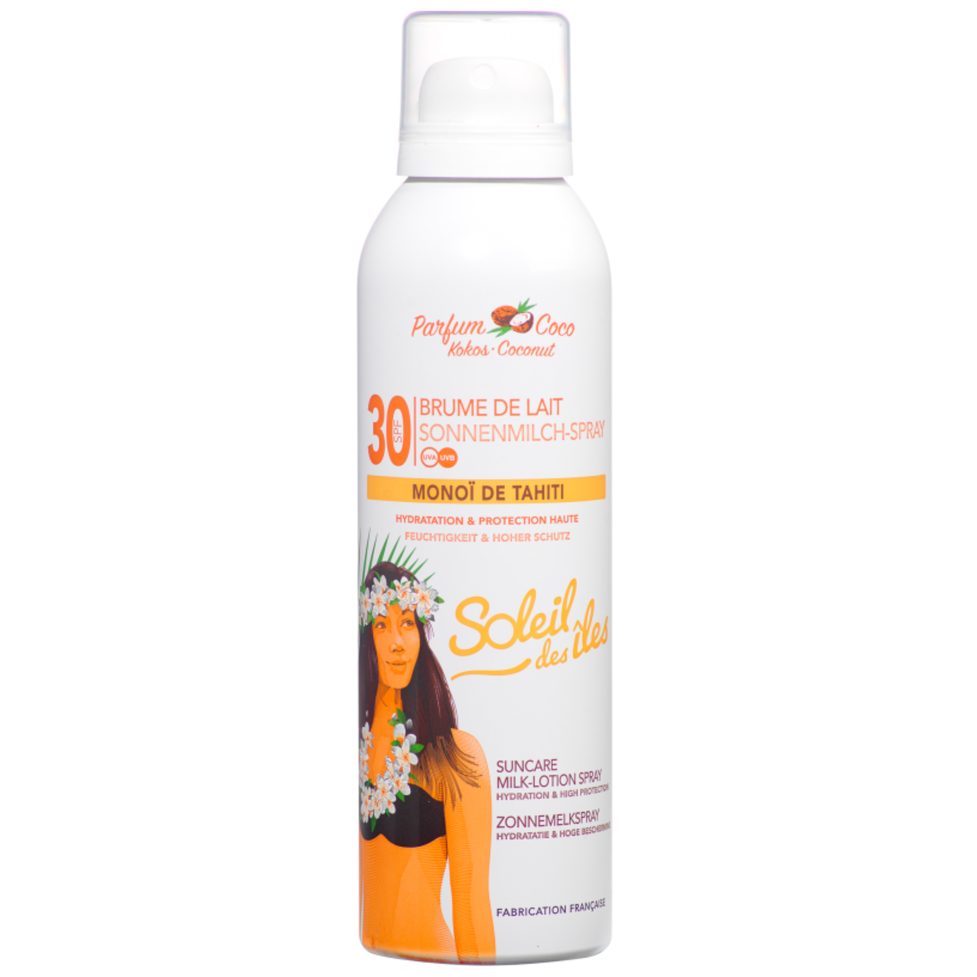 Brume de lait solaire Soleil des Iles au Monoï de Tahiti et Coco, disponible en variantes FPS 30, fabrication française.