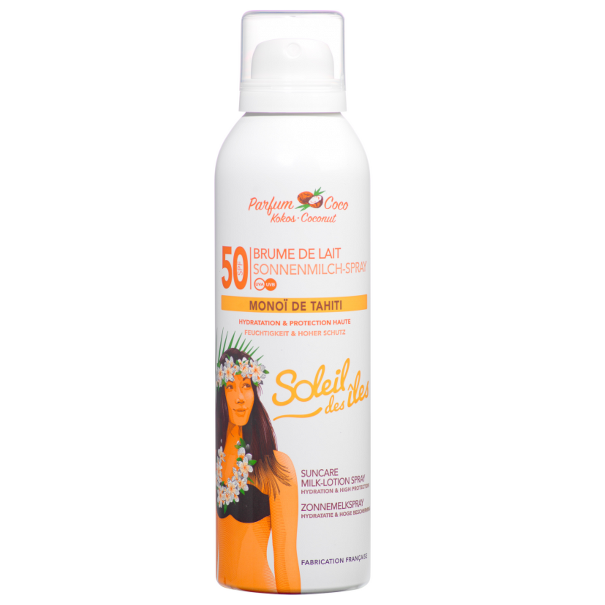 Brume de lait solaire Soleil des Iles au Monoï de Tahiti et Coco, disponible en variantes FPS 50, fabrication française.