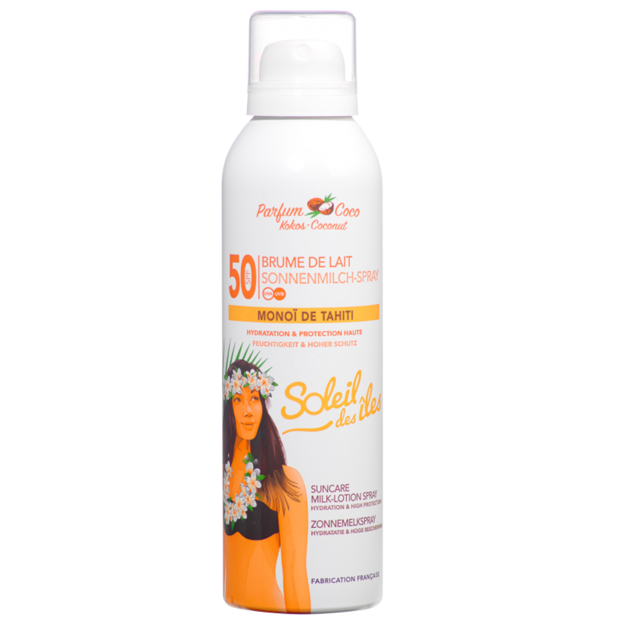 Brume de lait solaire Soleil des Iles au Monoï de Tahiti et Coco, disponible en variantes FPS 50, fabrication française.