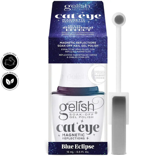 CAT EYE - GELISH VERNIS GEL MAGNÉTIQUE RÉFLECTION gelish. L'image montre le vernis gel magnétique Gelish 'Blue Eclipse' de 15 ml, avec la mention 'Cruelty Free' et 'Vegan Friendly'. Un aimant est inclus, visible à droite du flacon, pour créer l'effet œil de chat multidimensionnel.