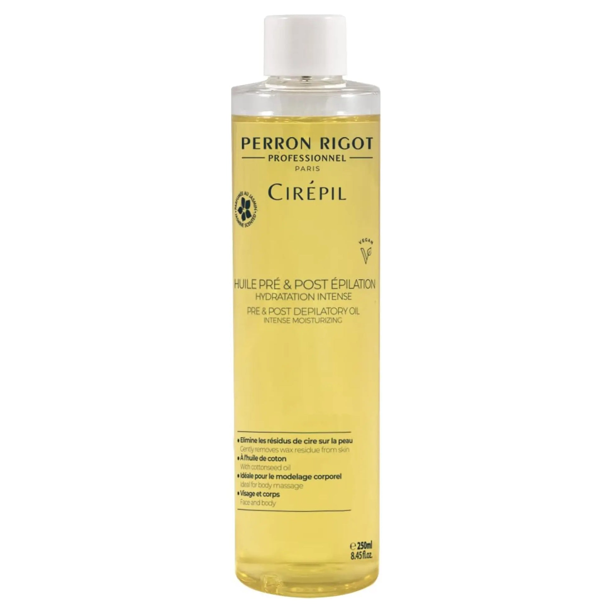 Flacon d'huile pré et post-épilation Cirépil Perron Rigot pour le soin de la peau.