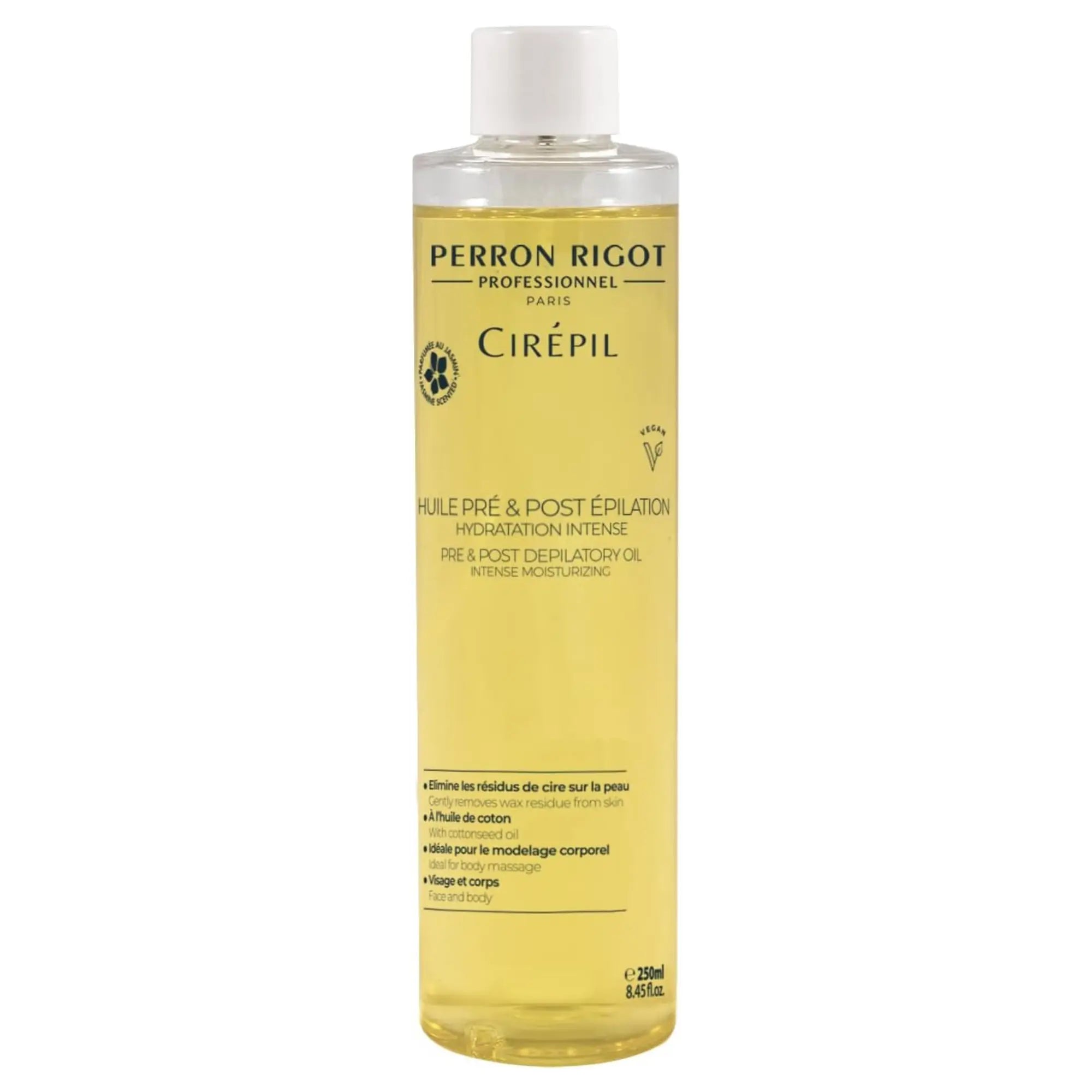 Flacon d'huile pré et post-épilation Cirépil Perron Rigot pour le soin de la peau.