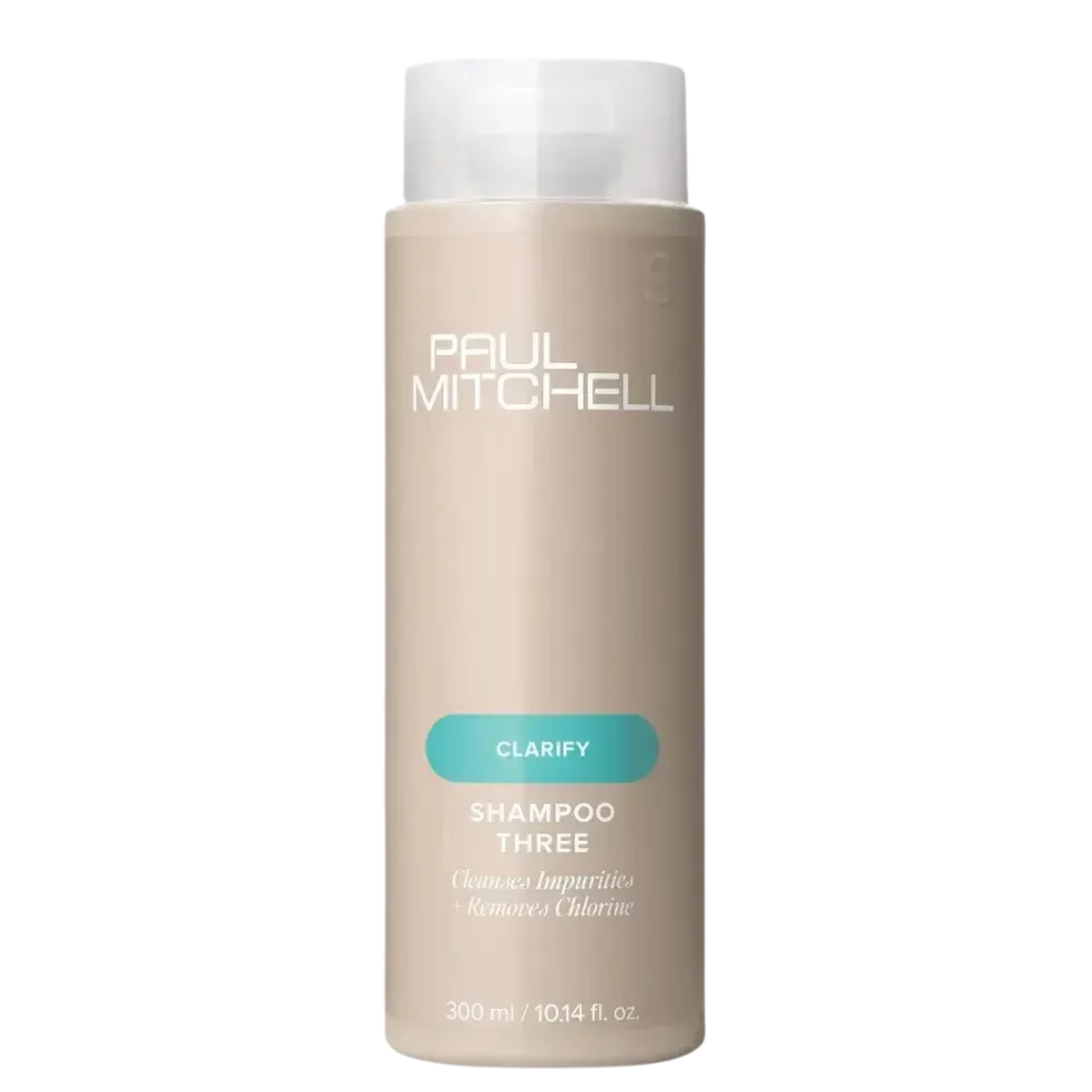bouteille beige de shampoing clarifiant Paul Mitchell Shampoo Three 300 ml: pour éliminer les impuretés et le chlore.