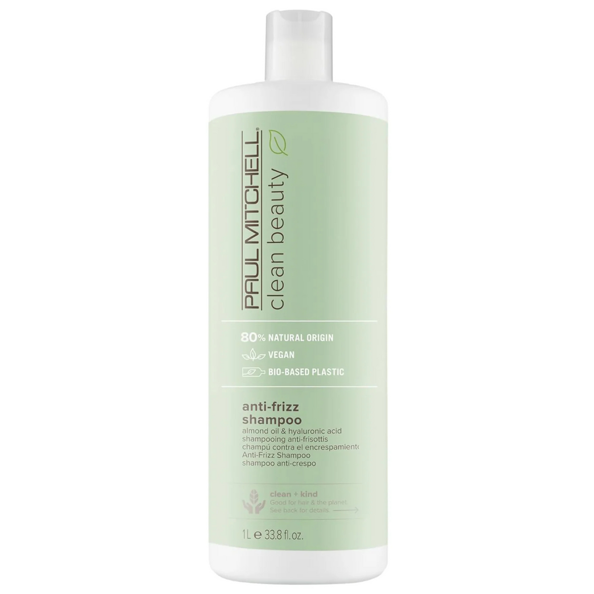 Tube de 1L de shampooing anti-frisottis Paul Mitchell Clean Beauty vert pâle.