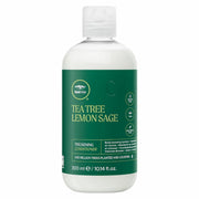 ThinkingBouteille blanche de revitalisant épaississant Paul Mitchell Tea Tree Lemon Sage. L'étiquette verte indique "TEA TREE LEMON SAGE THICKENING CONDITIONER", 300 ml. 