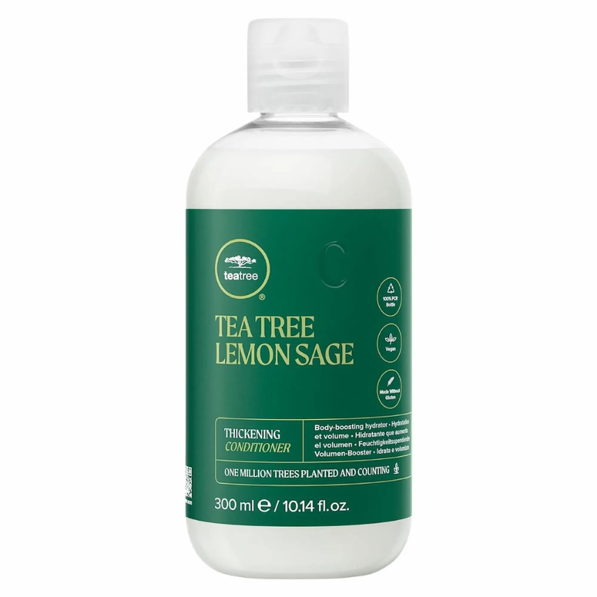ThinkingBouteille blanche de revitalisant épaississant Paul Mitchell Tea Tree Lemon Sage. L'étiquette verte indique "TEA TREE LEMON SAGE THICKENING CONDITIONER", 300 ml. 
