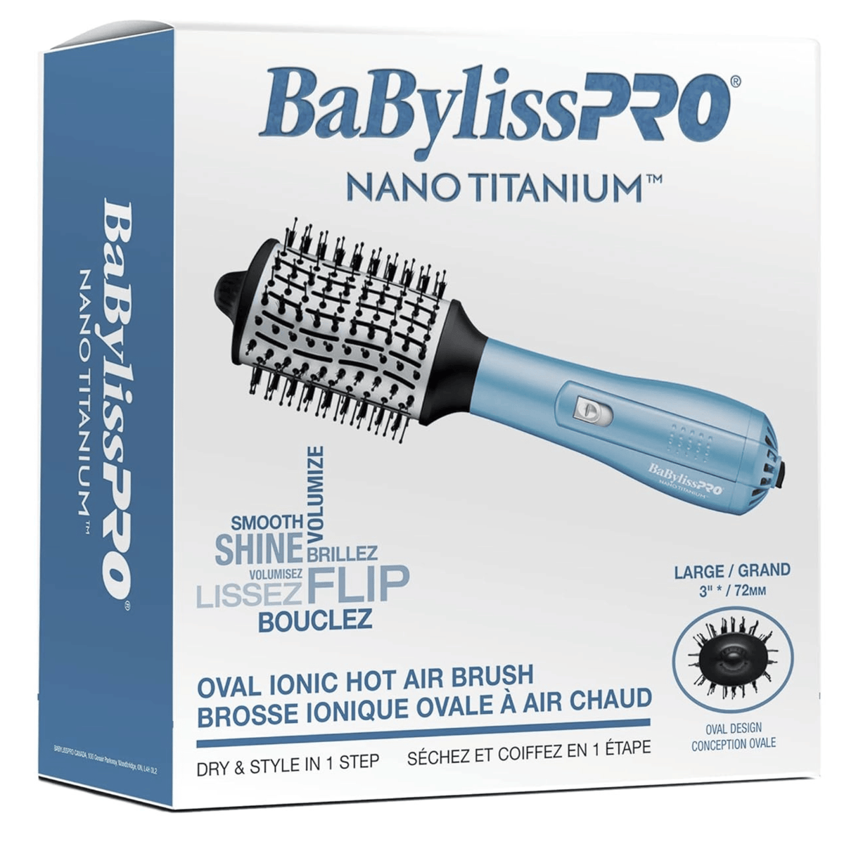 Boîte bleue et blanche pour une brosse à air chaud ionique ovale BaBylissPRO Nano Titanium : outil pour sécher et coiffer en une étape, ajoutant volume et brillance.