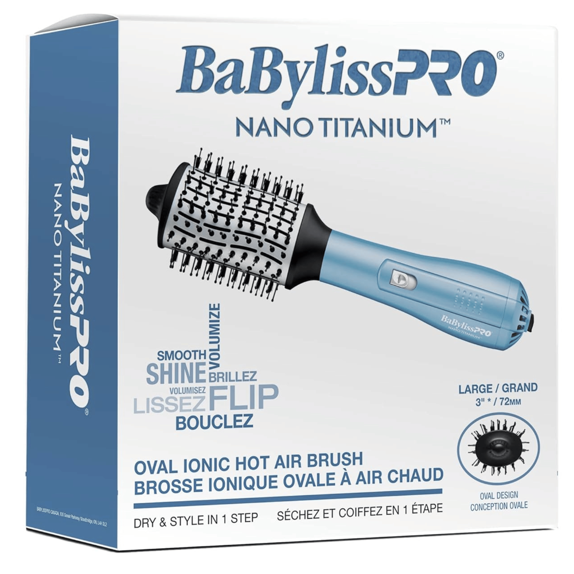Boîte bleue et blanche pour une brosse à air chaud ionique ovale BaBylissPRO Nano Titanium : outil pour sécher et coiffer en une étape, ajoutant volume et brillance.