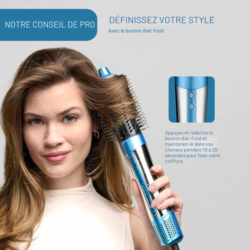 Multi-styler 5-en-1 BaBylissPRO Style/Switch bleu métallique, doté d'une poignée ergonomique mince et de cinq accessoires interchangeables argentés et bleus, dont une brosse ronde, une brosse plate et un diffuseur.