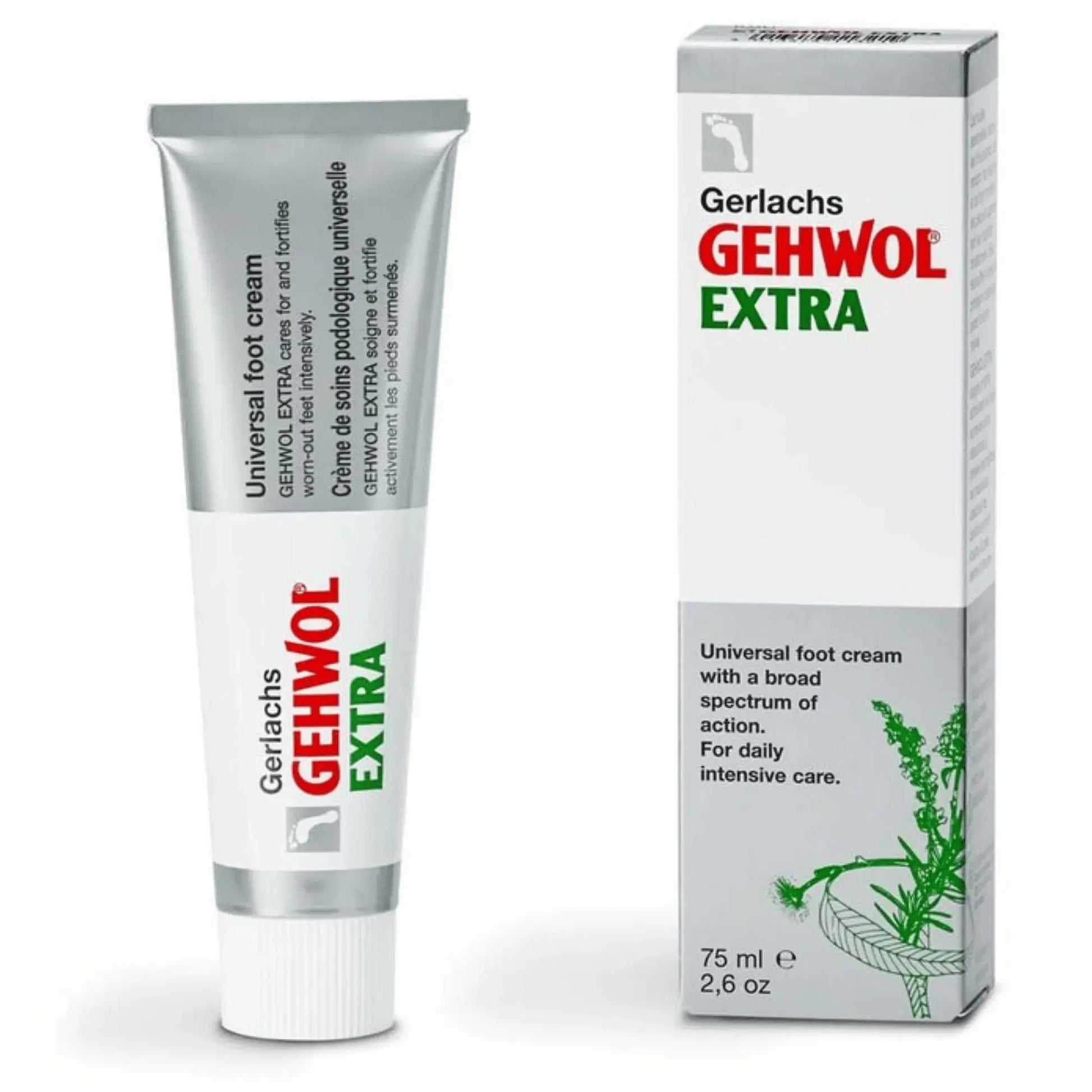 Tube blanc et bleu de 75ml de la crème podologique Gehwol Extra, montrant le logo Gehwol et une icône de pied sain. Crème intensive pour pieds fatigués et secs.