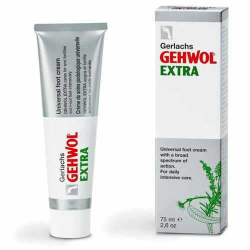 Tube blanc et bleu de 75ml de la crème podologique Gehwol Extra, montrant le logo Gehwol et une icône de pied sain. Crème intensive pour pieds fatigués et secs.