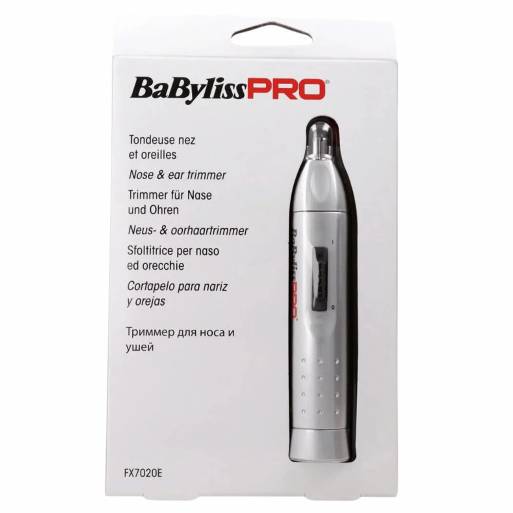 Tondeuse nez et oreilles professionnelle BaBylissPRO argentée avec interrupteur noir et logo rouge.