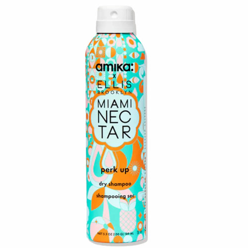 Shampooing sec amika Perk Up édition limitée Miami Nectar, flacon aérosol aux motifs tropicaux, absorption de sébum sans résidus blancs.
