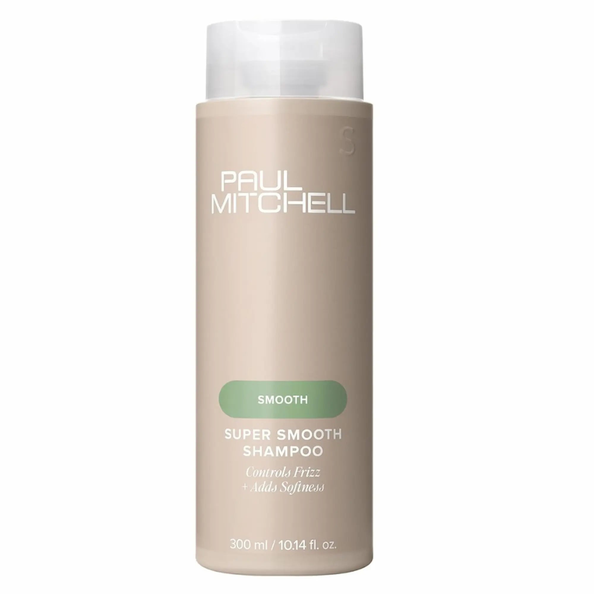 Bouteille de shampoing Paul Mitchell Super Smooth 300ml: beige avec étiquette verte, pour contrôler les frisottis et ajouter de la douceur.