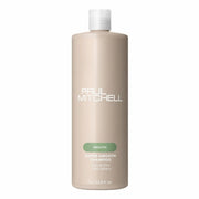 Grande bouteille de shampoing Paul Mitchell Super Smooth 1L: beige avec étiquette verte, pour contrôler les frisottis et ajouter de la douceur.
