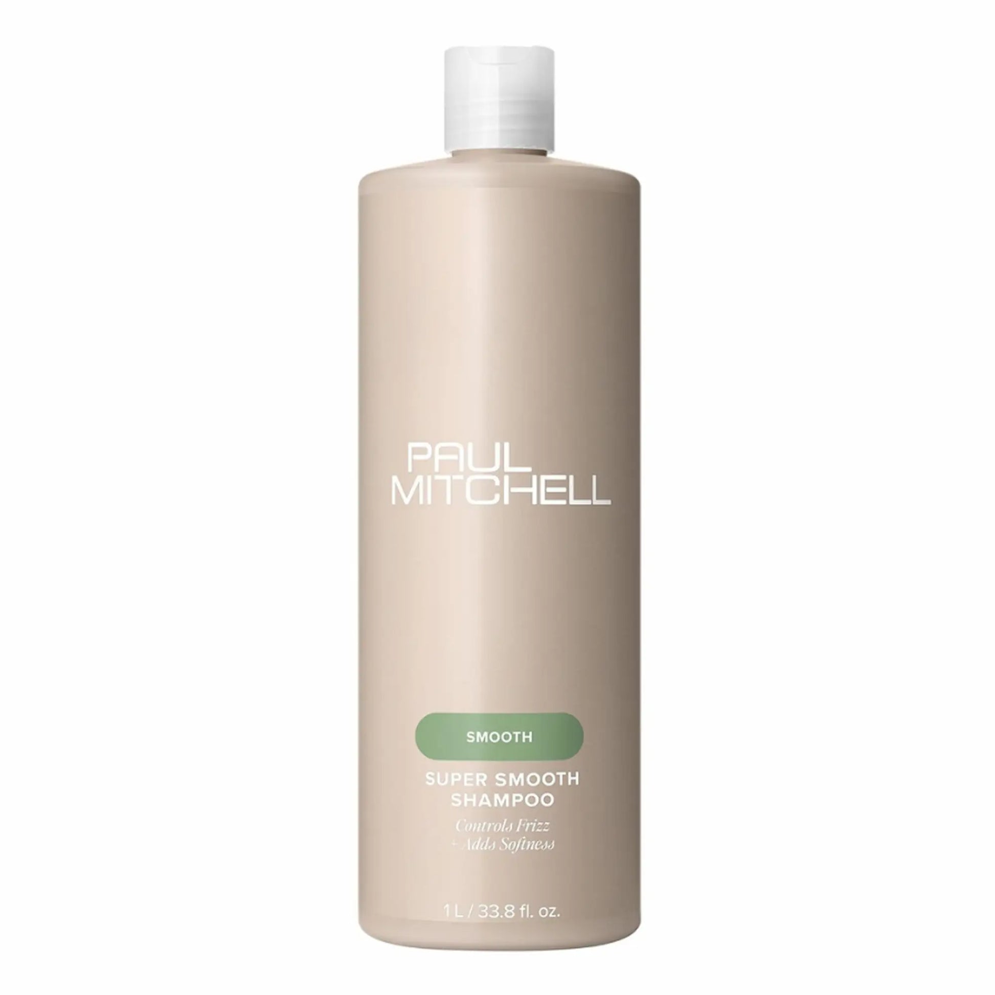 Grande bouteille de shampoing Paul Mitchell Super Smooth 1L: beige avec étiquette verte, pour contrôler les frisottis et ajouter de la douceur.