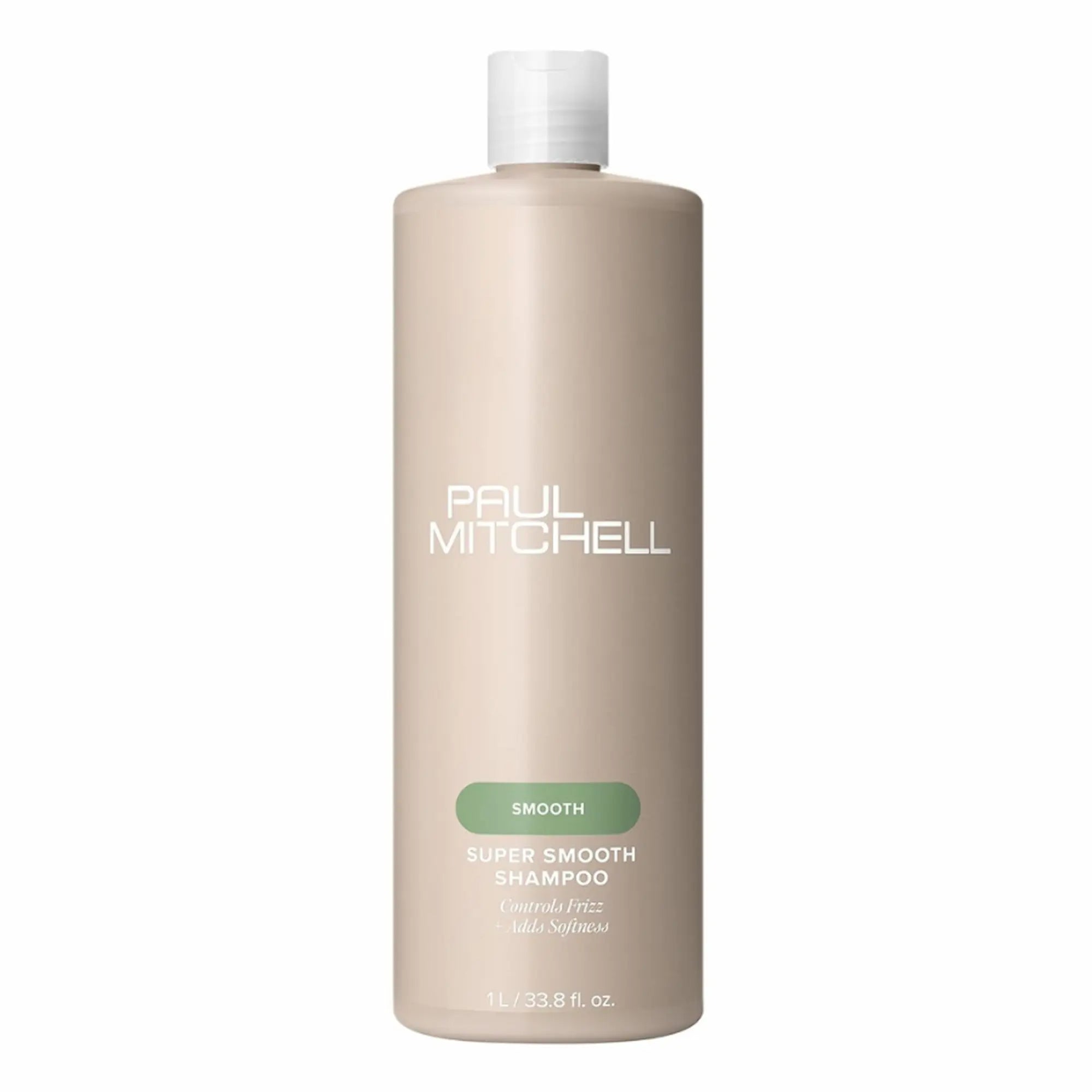 Grande bouteille de shampoing Paul Mitchell Super Smooth 1L: beige avec étiquette verte, pour contrôler les frisottis et ajouter de la douceur.