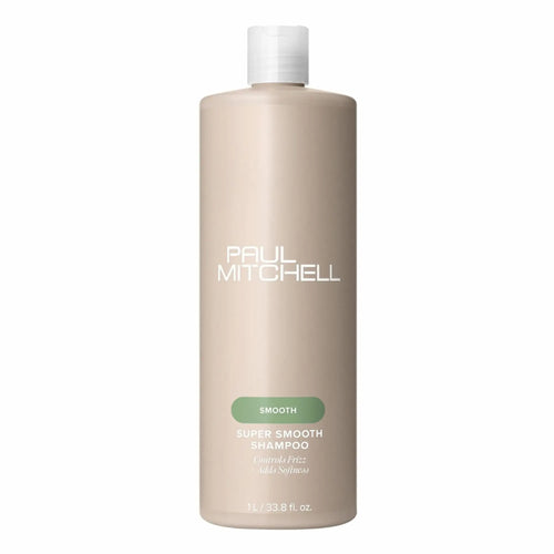 Grande bouteille de shampoing Paul Mitchell Super Smooth 1L: beige avec étiquette verte, pour contrôler les frisottis et ajouter de la douceur.
