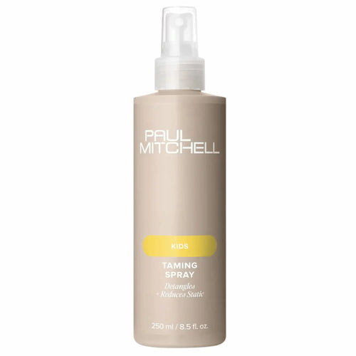 Flacon pulvérisateur beige et jaune de Paul Mitchell Kids Taming Spray 250ml: démêle les cheveux des enfants et réduit l'électricité statique.