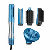 Multi-styler 5-en-1 BaBylissPRO Style/Switch bleu métallique, doté d'une poignée ergonomique mince et de cinq accessoires interchangeables argentés et bleus, dont une brosse ronde, une brosse plate et un diffuseur.