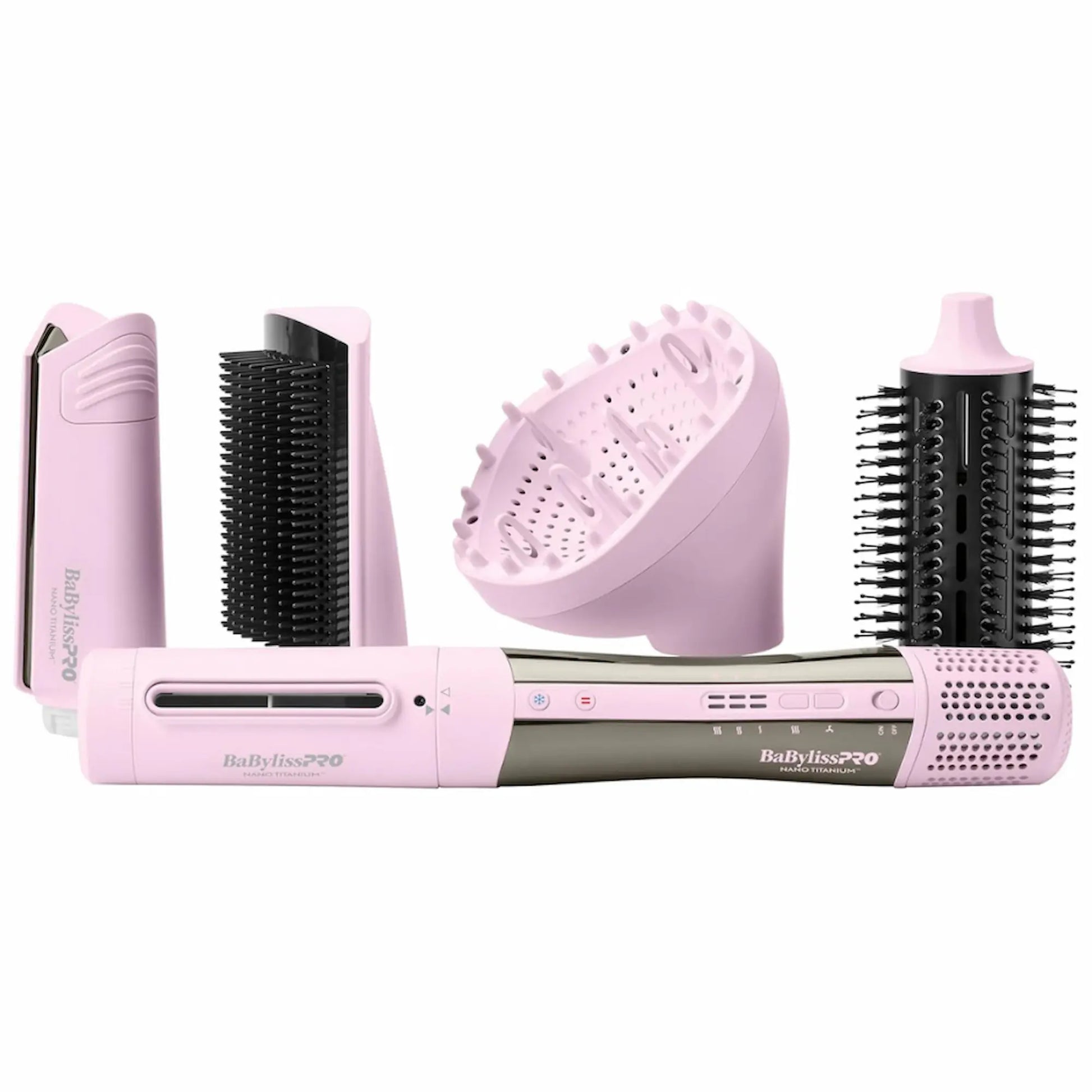 Multi-styler 5-en-1 BaBylissPRO Style/Switch rose métallique, doté d'une poignée ergonomique mince et de cinq accessoires interchangeables argentés et bleus, dont une brosse ronde, une brosse plate et un diffuseur.