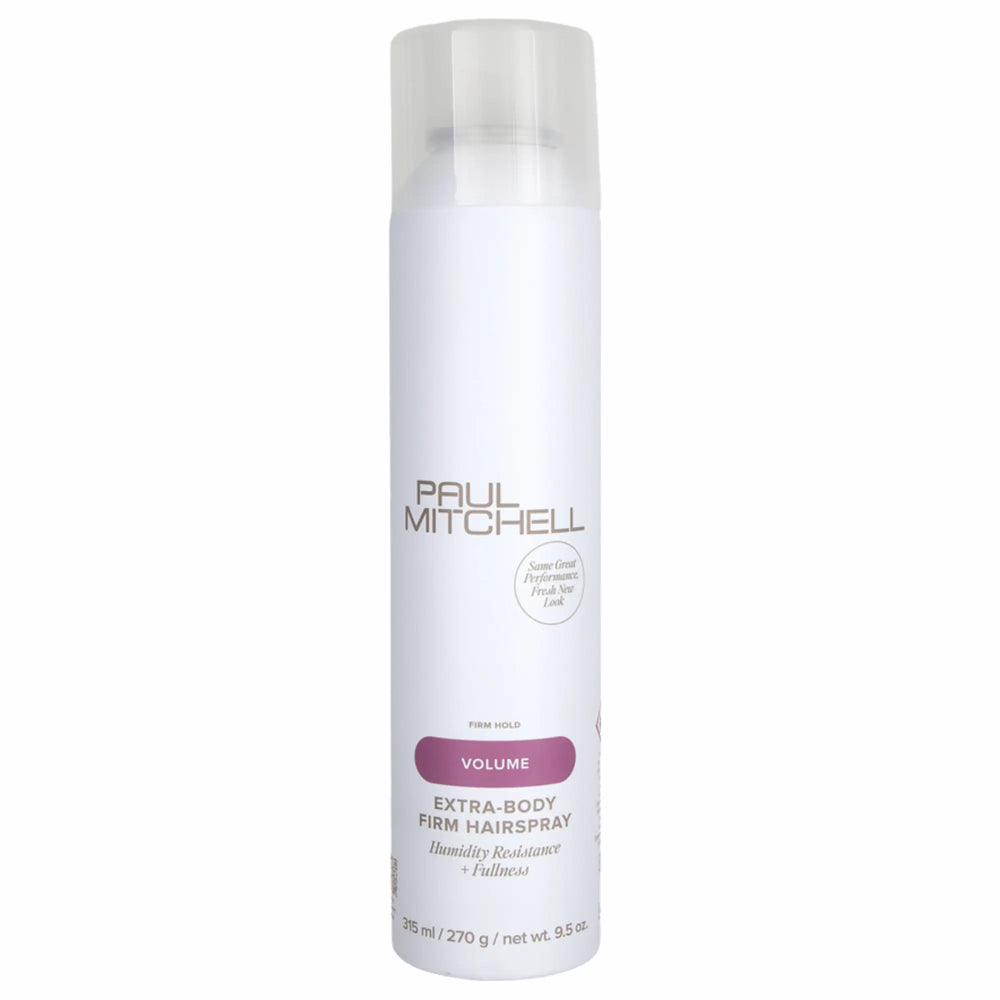 Bombe de laque Paul Mitchell Extra-Body Firm Hairspray 315 ml : blanche avec une étiquette violette, pour une tenue ferme, du volume et une résistance à l'humidité.