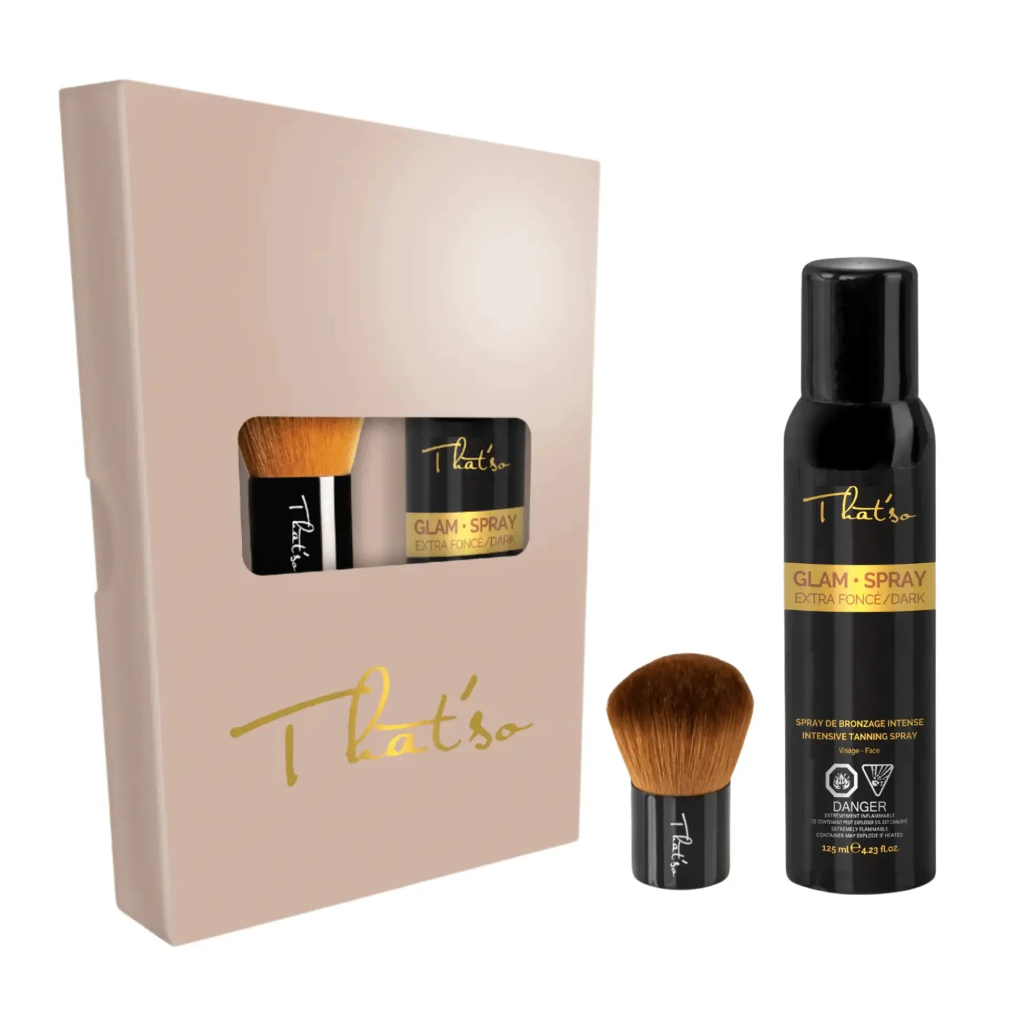 Coffret autobronzant Extra Dark Glow avec spray foncé et pinceau applicateur professionnel, pour un bronzage profond et uniforme.