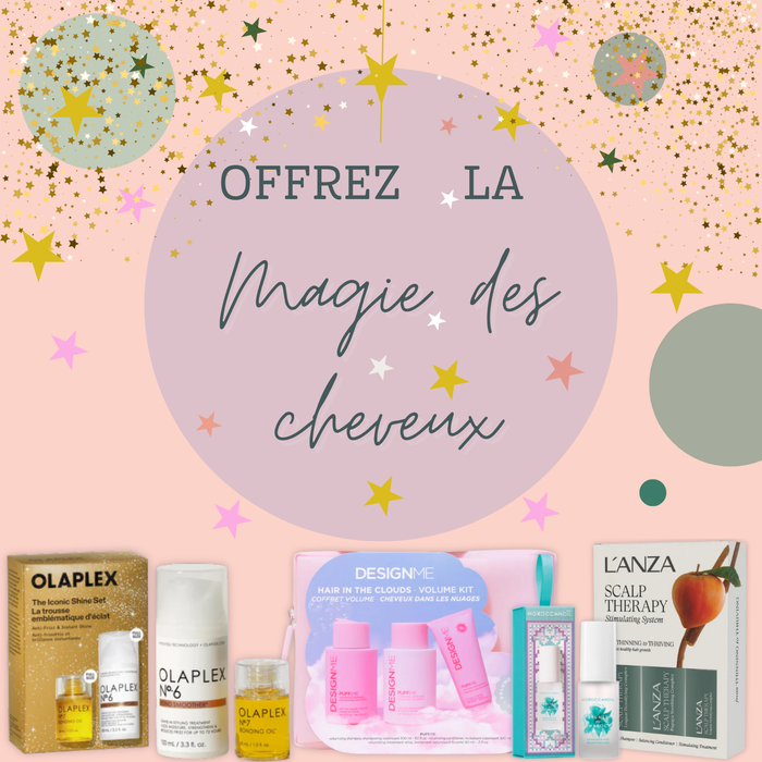 Coffrets cadeaux cheveux en promotion avec décor festif rose vert et gold