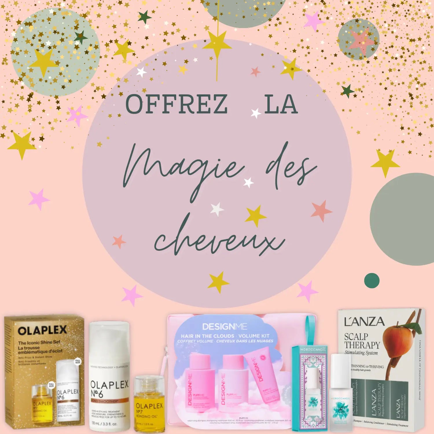 Coffrets cadeaux cheveux sur fond rose avec paillettes et texte Offrez la magie des cheveux.