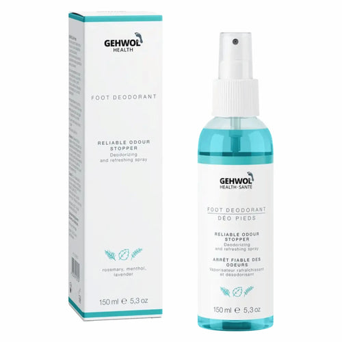 Vaporisateur de déodorant pour pieds et chaussures 150ml d'Gehwol montrant le flacon ergonomique bleu et blanc pour une protection fraîcheur et antibactérienne.