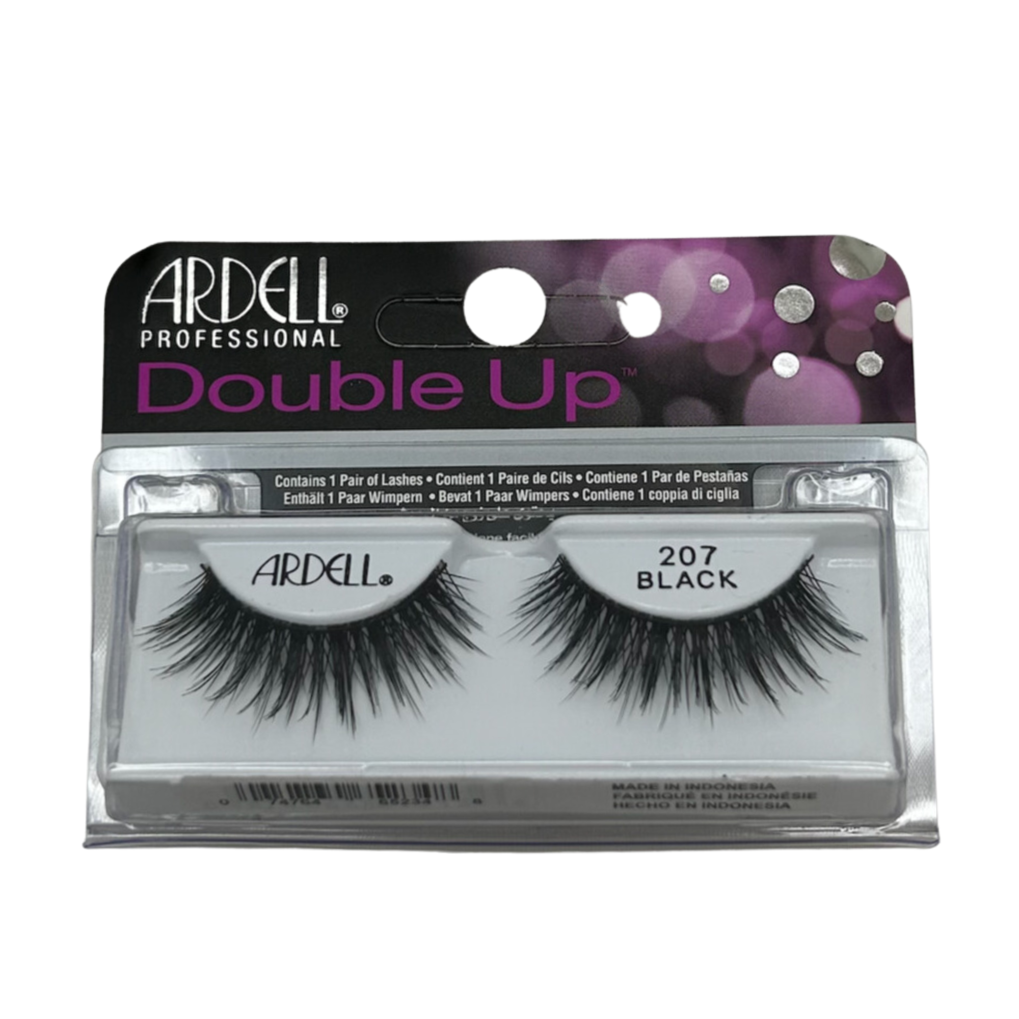 Boîtier de faux-cils Ardell Double Up 207 noir montrant la double épaisseur de poils synthétiques superposés pour un volume dramatique et intense.