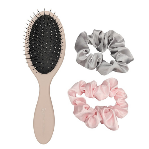 RELAXUS BEAUTY_Ensemble brosse à cheveux et chouchous en satin_Rose - scrunchie gris et rose-_Gisèle produits de beauté