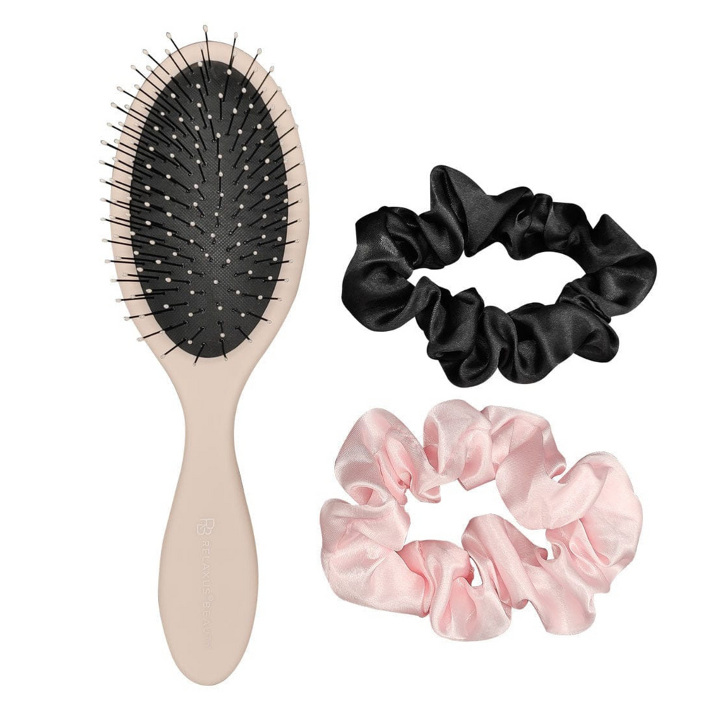 RELAXUS BEAUTY_Ensemble brosse à cheveux et chouchous en satin_Rose - scrunchie noir et rose-_Gisèle produits de beauté