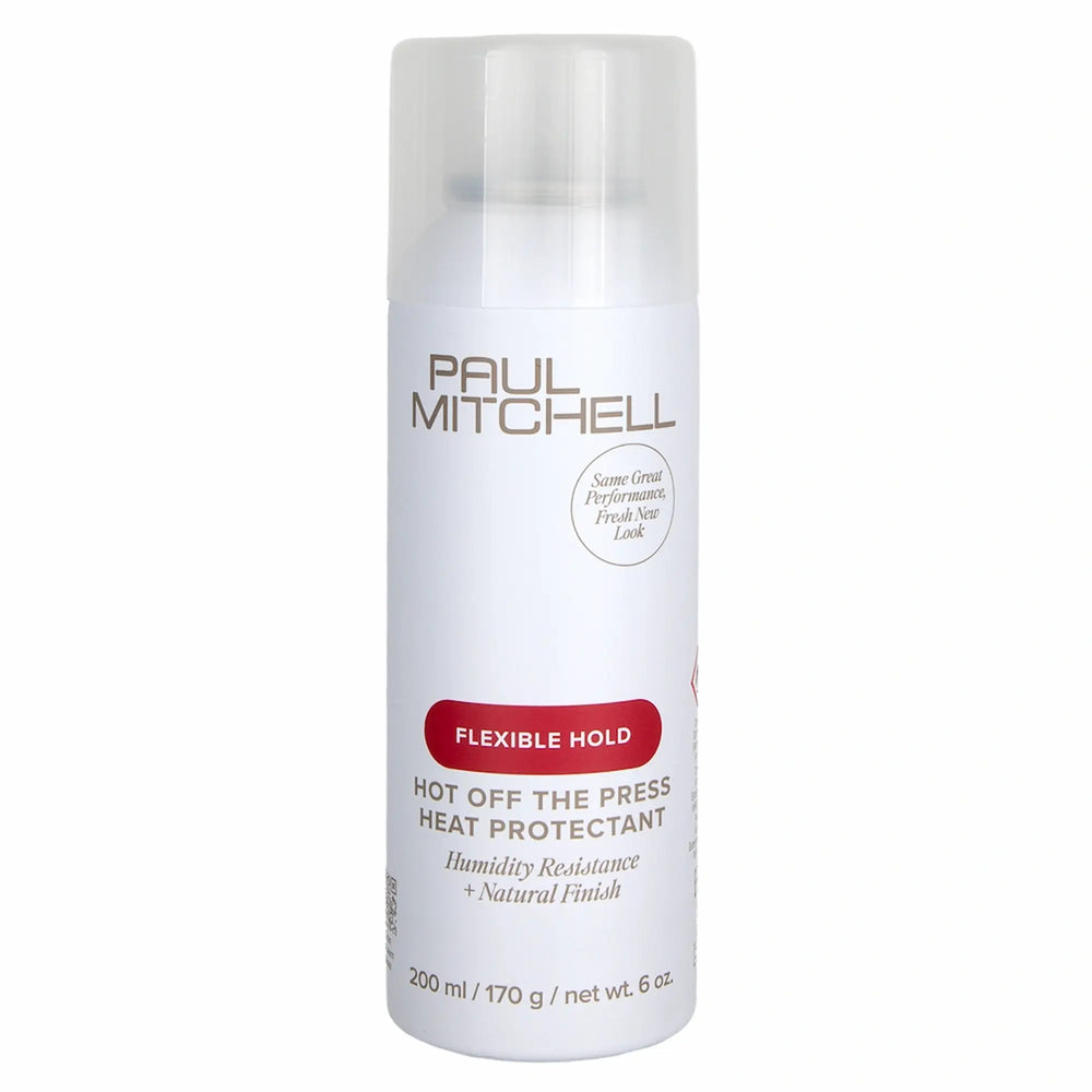 Nouveau spray capillaire protecteur de chaleur Paul Mitchell Hot Off The Press : bombe blanche avec étiquette rose, offrant une tenue flexible et une résistance à l'humidité."