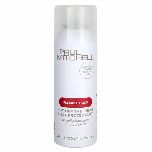 Nouveau spray capillaire protecteur de chaleur Paul Mitchell Hot Off The Press : bombe blanche avec étiquette rose, offrant une tenue flexible et une résistance à l'humidité."