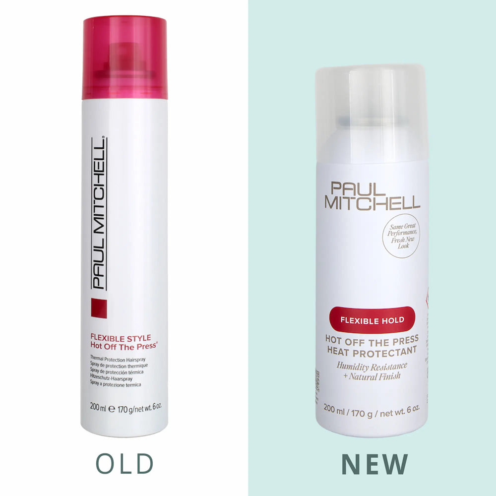 Nouveau spray capillaire protecteur de chaleur Paul Mitchell Hot Off The Press : bombe blanche avec étiquette rose, offrant une tenue flexible et une résistance à l'humidité.