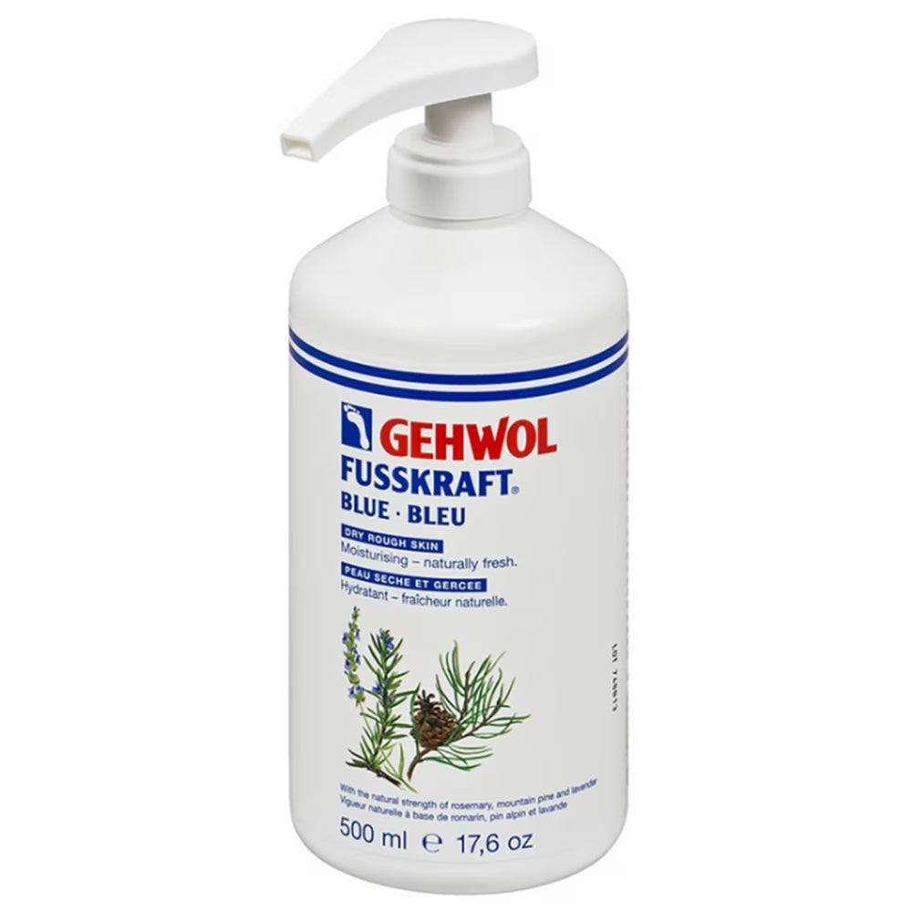 Bouteille de 500ml de Gehwol Fusskraft Bleu, crème hydratante et rafraîchissante pour peau sèche et gercée.