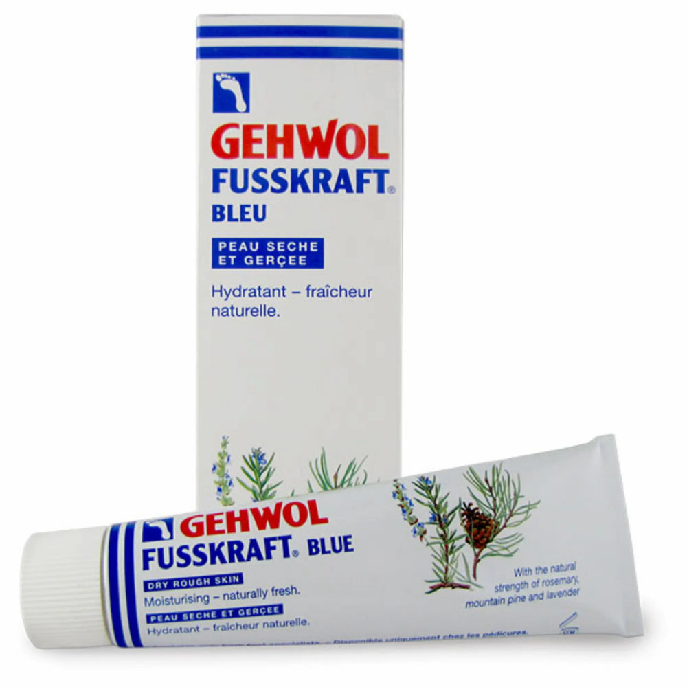 Boîte et tube de crème hydratante Gehwol Fusskraft Bleu pour pieds secs et gercés 75 ml