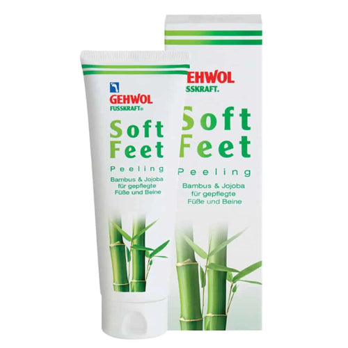 Boîtier et tube blancs de Gehwol Fusskraft Soft Feet Peeling 125ml, avec illustration de bambou et mention "Bambou et Jojoba" pour les pieds et les jambes.
