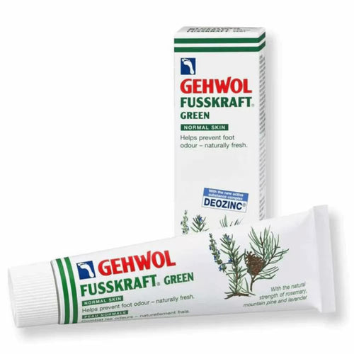 Crème pour les pieds Gehwol Fusskraft Green 75 ml, tube et boîte, pour peau normale, aide à prévenir les odeurs et apporte une fraîcheur naturelle.